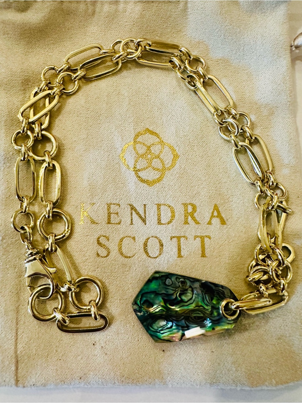 Kendra Scott Gold Chain Necklace with Iridescent Green Abalone Pendant
